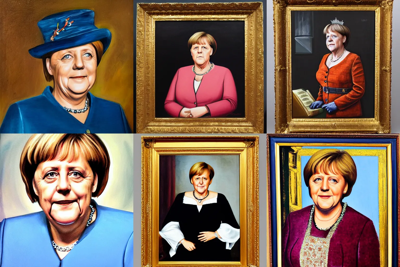 Prompt: Portrait of Merkel as english monarch, oil painting