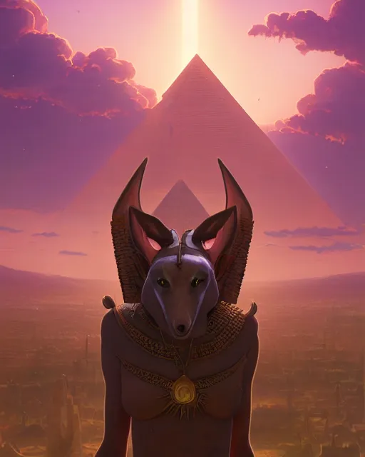 Image similar to highly detailed vfx portrait of anubis, pyramid behind, sky galaxy purple, unreal engine, greg rutkowski, loish, rhads, beeple, makoto shinkai and lois van baarle, ilya kuvshinov, rossdraws, tom bagshaw, alphonse mucha, global illumination, detailed and intricate environment