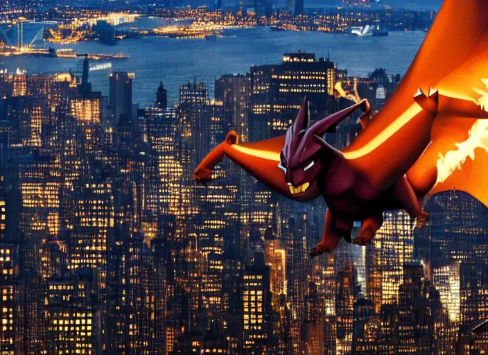 Image similar to charizard flying above new york, film still in the new batman movie, 4 k