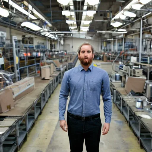 Prompt: a guy in a grey shirt with long sleeves and blue jeans with black hair and no facial hair or beard in a back room of a factory looking for something