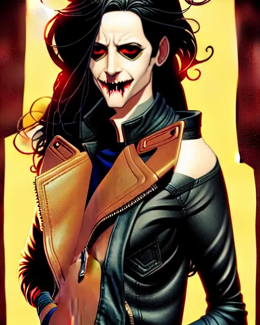 Image similar to Rafael Albuquerque comic cover art, artgerm, Joshua Middleton, pretty Eva Green vampire, sharp vampire teeth, sarcastic smile, symmetrical eyes, symmetrical face, brown leather jacket, jeans, long black hair, full body, building on fire, cool colors