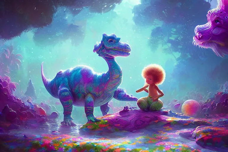 Image similar to a psychedelic realm made entirely out of love and acceptance, astral beings sharing love. filled with cute smiling glowing chibi style pixar baby dinosaurs in the style of greg rutkowski! and wlop and lisa frank! and bob ross!!! and ruan jia, illustration, epic, fantasy, hyper detailed, smooth, unreal engine, sharp focus, ray tracing