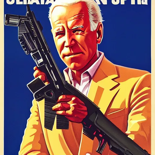 Image similar to propaganda poster of joe biden pointing gun directly at camera in james bond movie, closeup of gun, visible barrel and grip by j. c. leyendecker, bosch, lisa frank, jon mcnaughton, and beksinski