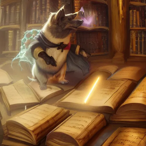 Prompt: a d & d character, anthropomorphic corgi, casting a magical spell, in an arcane library, fantasy, hyperrealistic, extremely detailed digital illustration, greg rutkowski, artgerm, trending on artstation, award - winning, 8 k