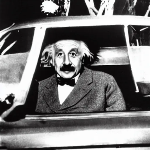 Prompt: albert einstein driving a car