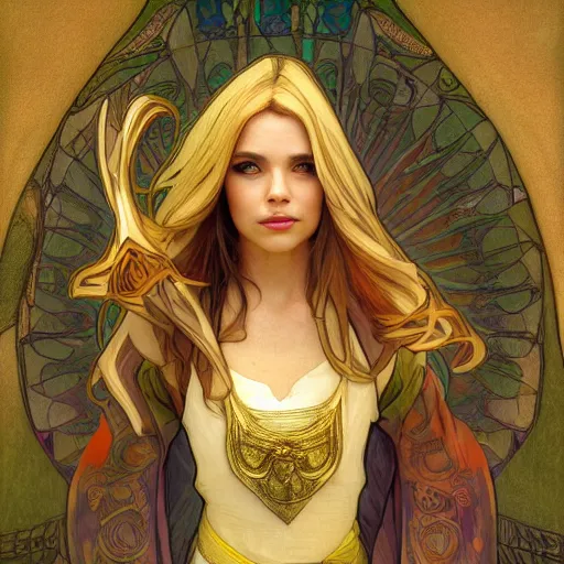 Image similar to portrait of a human mage ,fantasy, D&D, HDR, natural light, medium close shot, dynamic pose, award winning photograph, Mucha style