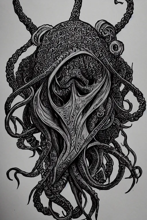 Image similar to black ink on paper, illithid cthulhu, trending on artstation, beautiful, intricate, detailed