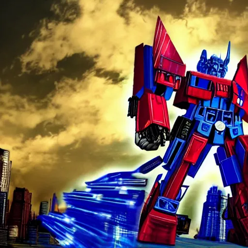 Image similar to Optimus prime in the style of a gta load screen