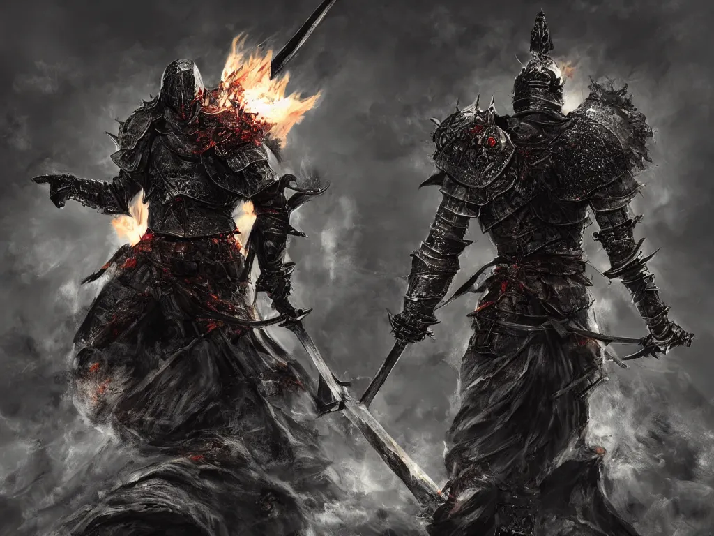 Image similar to warrior of death with big sword and shining armor standing and looking down, out of his back is coming white smoke, in the style of dark souls, conzept art