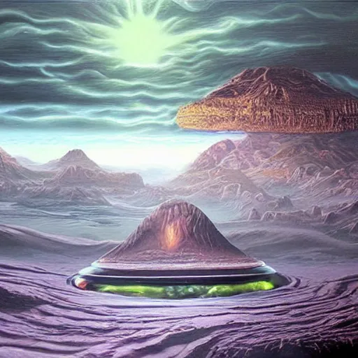 Image similar to hyperrealistic oil painting of alien and surreal landscapes