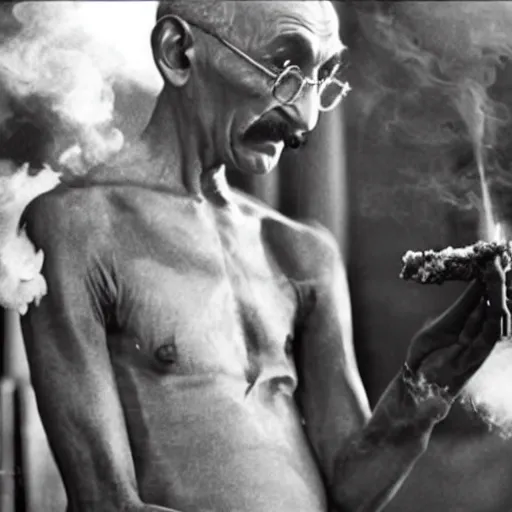 Image similar to Mahatma Gandhi smoking a bong, water pipe, fat cloud, weed, cinematic masterpiece