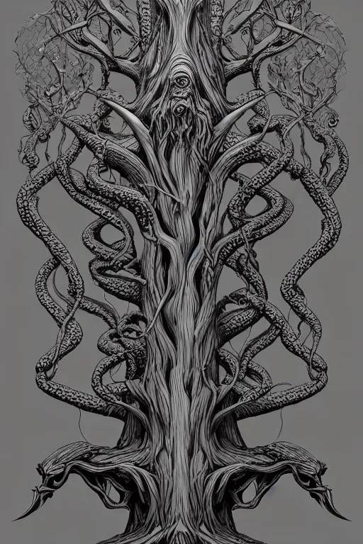Prompt: a tree, in the style of the cthulhu mythos, intricate, elegant, highly detailed, smooth, sharp focus, artstation