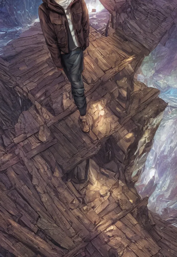 Prompt: comic book cover of character in jacket, back facing the camera on a old wooden bridge looking up at crystal temple, zoomed out,highly detailed, professional digital painting, Unreal Engine 5, illustration, HD quality, 8k resolution, cinema 4d, cinematic, professional photography, art by artgerm