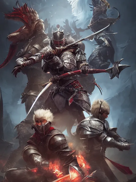 Image similar to a beautiful hyper realistic detailed epic game cover despising a noble knight women guided by the spirit of the great raccoon, in the style of dragon age, featured on artstation