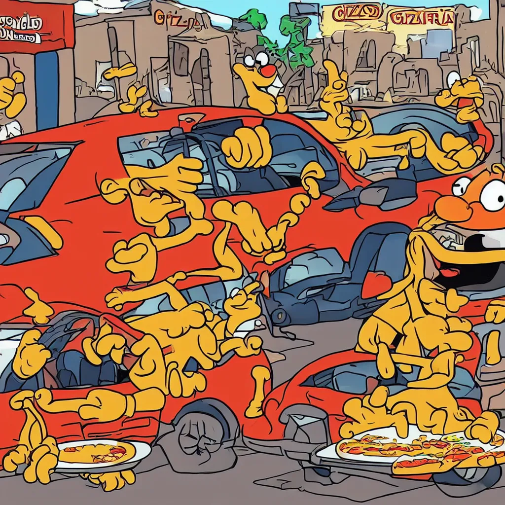 Prompt: garfield crashing a car into a pizzeria