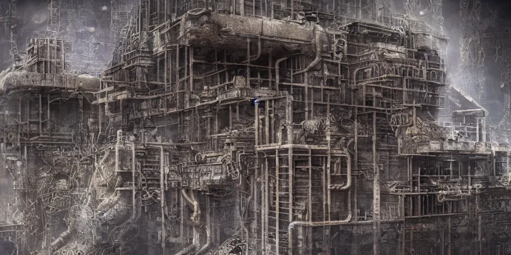 Prompt: brutalist babylonian ziggurat, dieselpunk, scifi, futuristic, pipes, machinery, highly detailed, 8 k photo, flickr, concept art, sharp focus, illustration, bloodborne