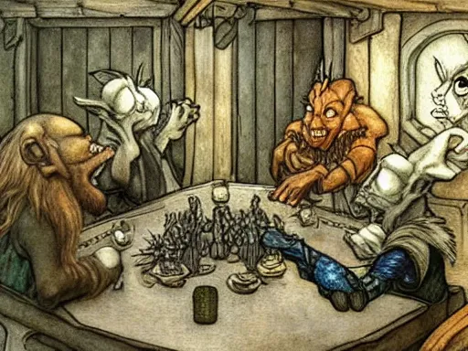 Prompt: goblins in a tavern by arthur rackham and by Tony DiTerlizzi and by brian froud, trending on artstation, detailed