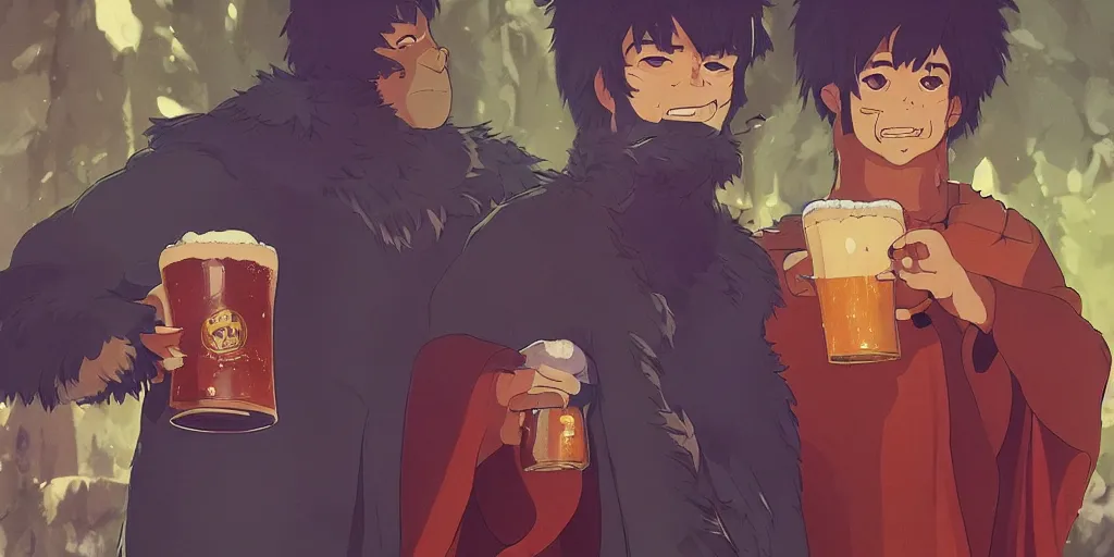 Image similar to a two german shepherds beast - men, holding a mug of beer, a lot of pockets, fur cape, tavern background, magical, bright, colorful, fantastic lighting, amazing details, 4 k uhd, illustration by hayao miyazaki and makoto shinkai and ilya kuvshinov, artstation, pixiv,