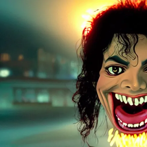 Prompt: caricature of a michael jackson with huge grin sharpy teeth and red glowing eyes still shot from horror 4k