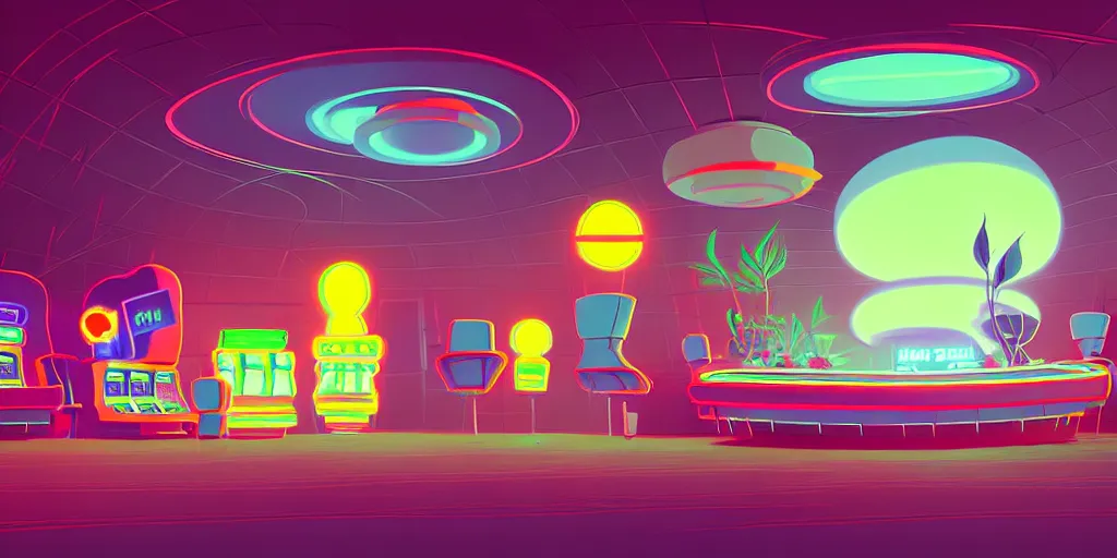Prompt: minimalistic extreme wide angle curved perspective digital art of sss chubby cotton candy indoor casino with plants by anton fadeev from nightmare before christmas