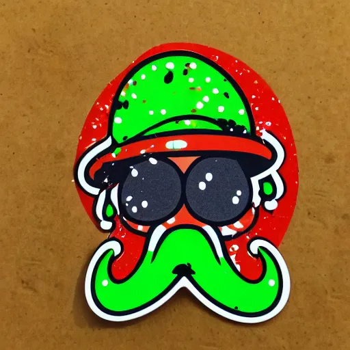 Image similar to die cut sticker, yoshi wearing mario's mustache, splatter paint