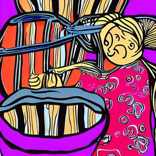 Image similar to a babushka playing drums, some people in the background are doing yoga to the beats, digital art