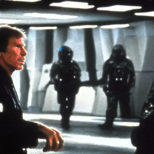 Prompt: movie still, 1 9 8 0 s, harrison ford and john carpenter talking, sci - fi corridor in the background, photorealistic, hyperdetailed, by ridley scott and john carpenter, blue leds