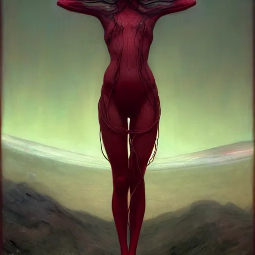 Image similar to Portrait Masterpiece, Wanda Maximoff, extremely skinny, red, glowing, wires everywhere, by Edgar Maxence and Ross Tran, Zdzisław Beksiński, and Michael Whelan, distant, gustav dore, H.R. Giger, 8k, octane render