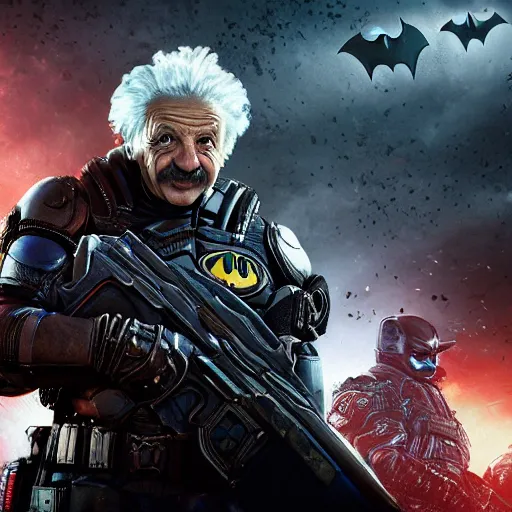 Image similar to 'Albert Einstein'! as Batman in Gears of War, splash art, movie still, detailed face, cinematic lighting, dramatic, octane render, long lens, shallow depth of field, bokeh, anamorphic lens flare, 8k, hyper detailed, 35mm film grain