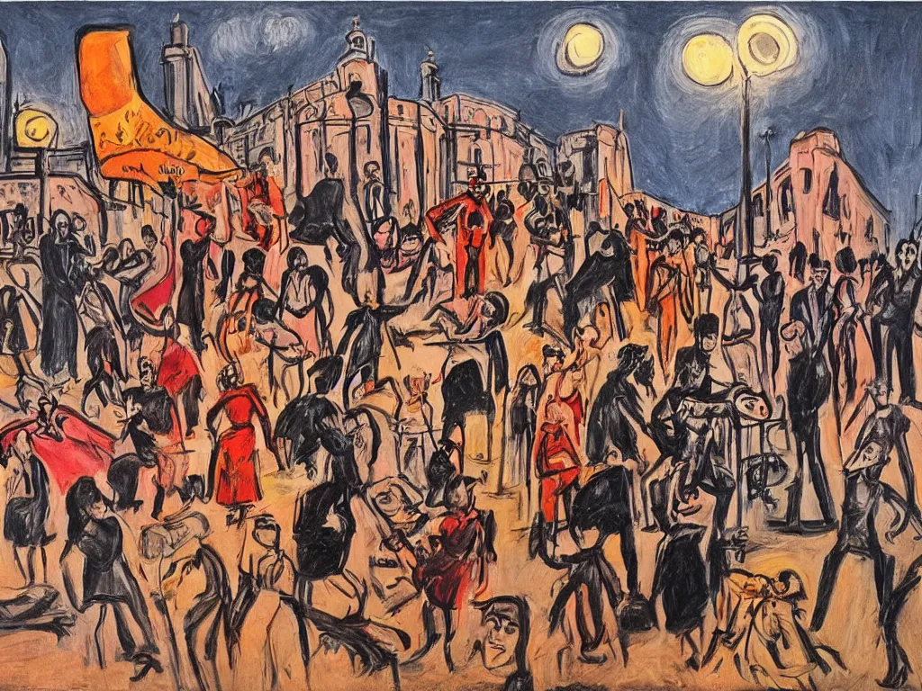 Image similar to feminist revolution, lisbon city at night, art in the style of paula rego