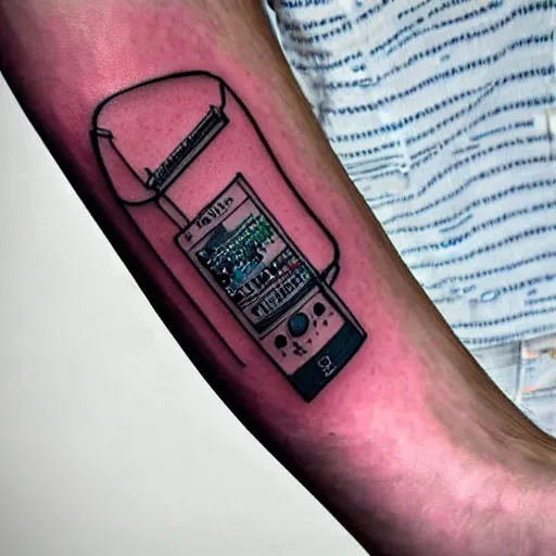 Prompt: sp - 4 0 4 audio mixer tattoo along forearm
