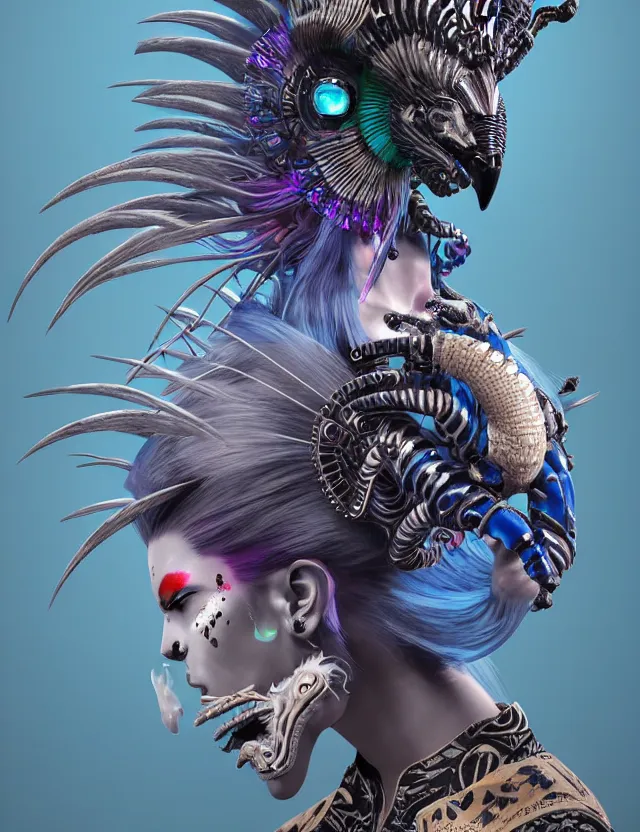 Image similar to 3 d goddess close - up profile portrait punk with mohawk with ram skull. beautiful intricately detailed japanese crow kitsune mask and clasical japanese kimono. betta fish, jellyfish phoenix, bio luminescent, plasma, ice, water, wind, creature, artwork by tooth wu and wlop and beeple and greg rutkowski