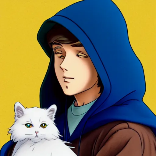 Prompt: teen boy with brown hair and big blue eyes, wearing a hoodie, holding a fluffy white persian cat, natural lighting, path traced, highly detailed, high quality, cartoon, digital painting, by don bluth and ross tran and studio ghibli and alphonse mucha, watercolor background
