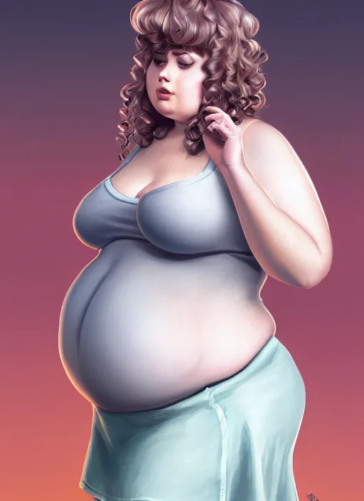 Image similar to full body portrait of teenage betty cooper, obese, bangs, ponytail, sultry, realistic, sultry smirk, ponytail hairstyle, fluffy bangs, curly bangs, skirt, fat, belly, intricate, elegant, highly detailed, digital painting, artstation, concept art, smooth, sharp focus, illustration, art by wlop, mars ravelo and greg rutkowski