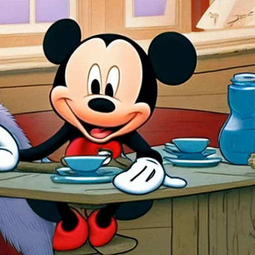 Image similar to Mickey Mouse and master splinter having dinner