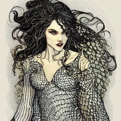 Prompt: woman wearing dress made of silver fish scales with long curly gold hair, art by Rebecca Guay, trending on artstation