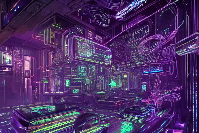 Image similar to A highly detailed rendering of a Cyberpunk room with hologram of a bitcoin messy cables, soft neon purple lighting, reflective surfaces, sci-fi concept art, by Syd Mead and H.R.Giger, highly detailed, oil on canvas