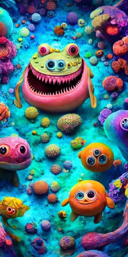 Image similar to of a colorful deep sea cave with strange cute friendly happy creatures with huge eyes, mouth, long tongue and round teeth appearing from sandy coral, in the style of gehry and gaudi, macro lens, shallow depth of field, ultra detailed, digital painting, trending artstation, concept art, illustration, cinematic lighting, photorealism, epic, octane render