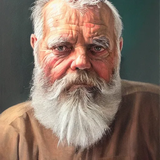 Prompt: realistic portrait painting of an old bearded man, centered composition, identical gazing eyes, oil on canvas