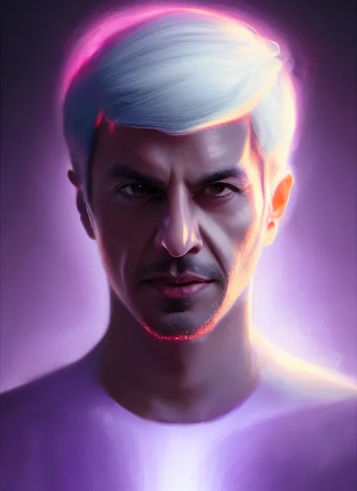 Image similar to portrait of imran khan, purple clothes, white bangs, two color hair, black hair and white bangs, intricate, elegant, glowing lights, highly detailed, digital painting, artstation, concept art, smooth, sharp focus, illustration, art by wlop, mars ravelo and greg rutkowski