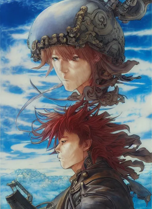 Prompt: prompt : ragnarok online portrait soft light painted by james jean and katsuhiro otomo and erik jones, inspired by akira anime, epic fantasy, a long haired, red headed male sky - pirate in front of an sky - ship, intricate oil painting, high detail illustration, sharp high detail, manga and anime 1 9 9 9