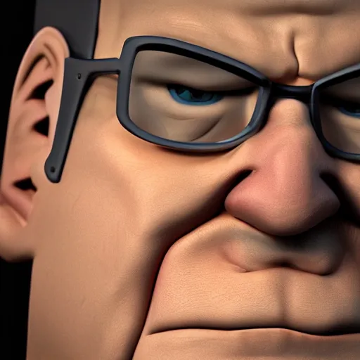 Image similar to hyper realistic, beautiful moody lighting, extreme emotions, caricature, soft, portrait of a very angry Hank Hill, rendered in octane, high quality 3d