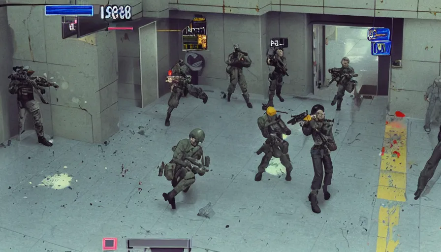 Image similar to 1988 Video Game Screenshot, Anime Neo-tokyo Cyborg bank robbers vs police, Set inside of the Bank Lobby, Multiplayer set-piece in bank lobby, Tactical Squad :9, Police officers under heavy fire, Police Calling for back up, Bullet Holes and Realistic Blood Splatter, :6 Gas Grenades, Riot Shields, Large Caliber Sniper Fire, Chaos, Anime Cyberpunk, Anime Bullet VFX, Anime Machine Gun Fire, Violent Action, Sakuga Gunplay, Shootout, :7 Inspired by Escape From Tarkov + Intruder + Akira + Guilty Gear Xrd :15 by Katsuhiro Otomo: 19