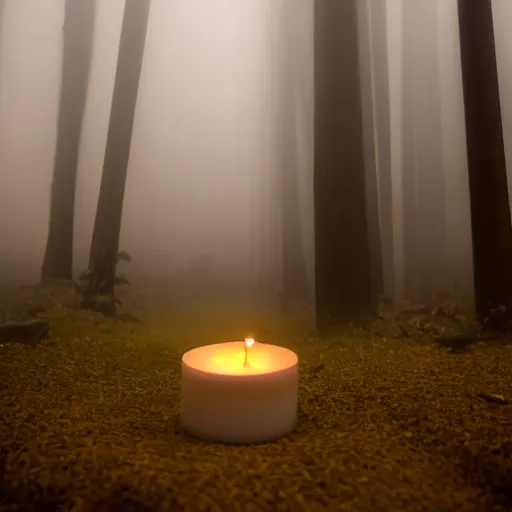 Prompt: a candle burns in a foggy forest, depth of field, spooky