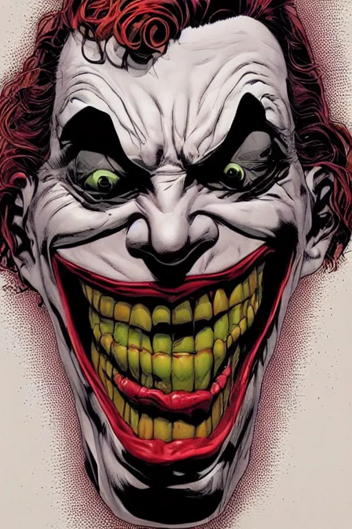 Prompt: dc comic book cover of villain the joker creepy menacing dangerous slit mouth smile by michael hussar, james jean, tomer hanuka