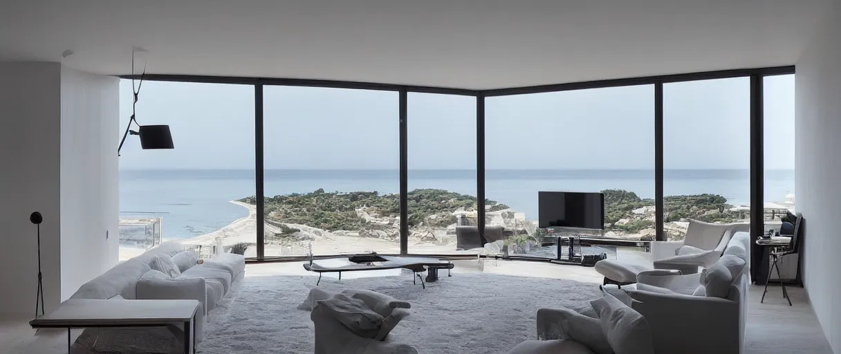 Prompt: “Modern duplex apartment interior with big windows exceptional view from a Clift to the sea minimalistic award design with innovative furniture”