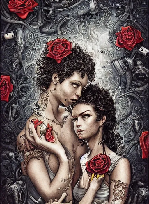 Image similar to tarot card :: horror :: hearts and roses :: aliens and sea :: cigarettes and smoke :: gold and silver :: guns and swords :: highly details :: intricate details :: Sandra Chevrier and bastien lecouffe deharme