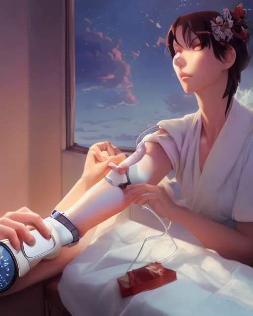 Prompt: goddess getting her blood pressure taken, ambient lighting, full shot, detailed face, 3 d shading, by makoto shinkai, stanley artgerm lau, wlop, rossdraws