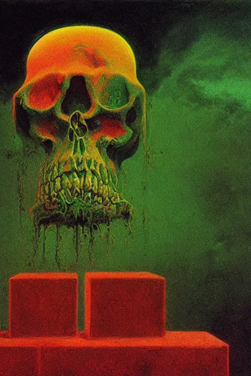 Image similar to horrific neon green skull floating over golden cubes by zdzisław beksinski