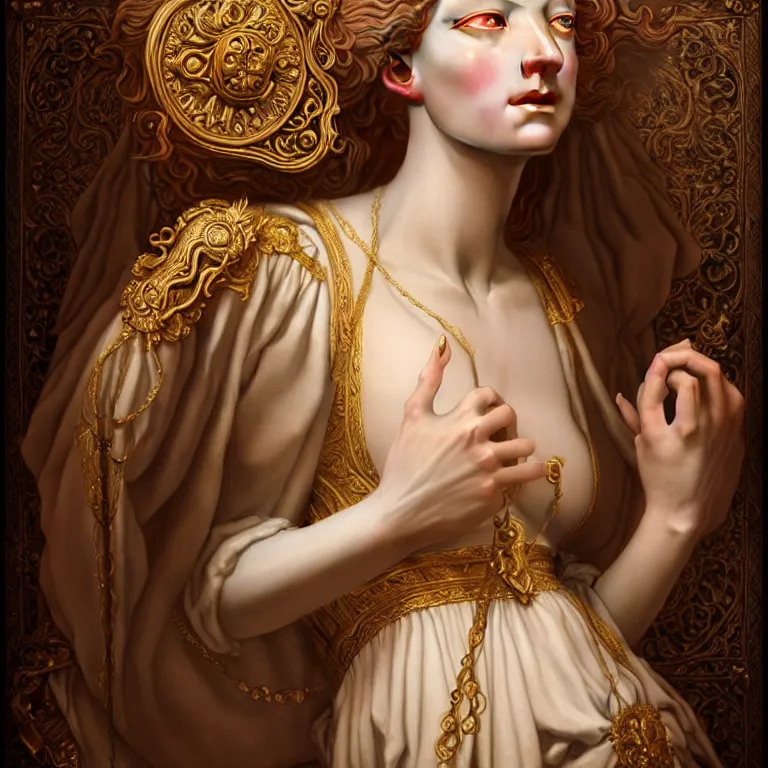 Prompt: renaissance style a wonderful female goddess with a wonderful face and realistic arms and hands and realistic 5 fingers and realistic body with long intricate hair with a beautiful porcelain symmetrical body dressed with a majestic warp ornate cream long cotton dress, hightly ornate, intricate, detailed, dramatic light, cinematic, award winning, octane render, tom bagshaw style